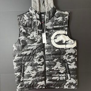 Ecko Unltd Puffer Vest Men's Large Black Gray Camo Full Zip Hooded NWT Y2K